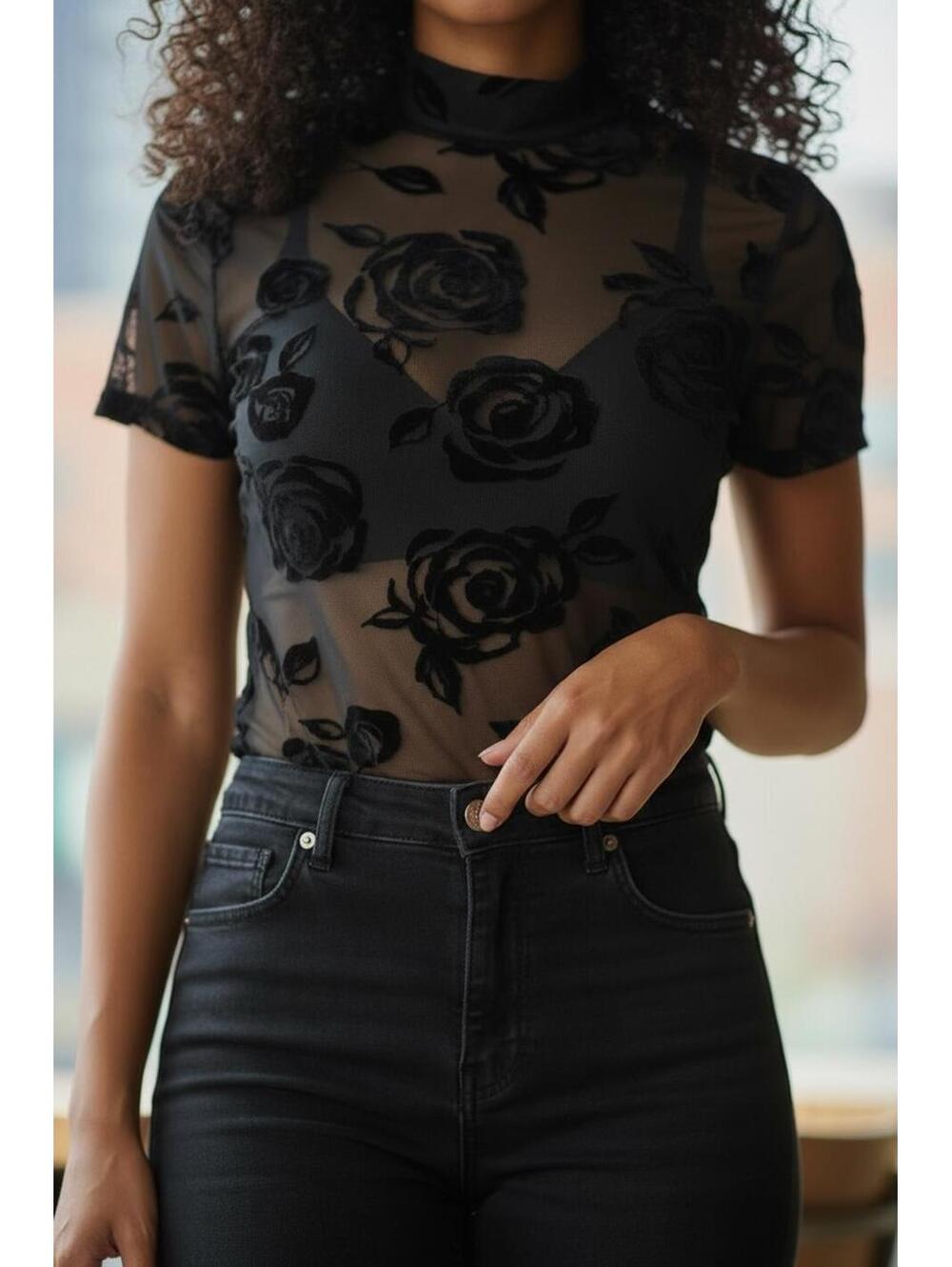 SHEIN Black Rose Pattern Sheer Blouse [COPY]